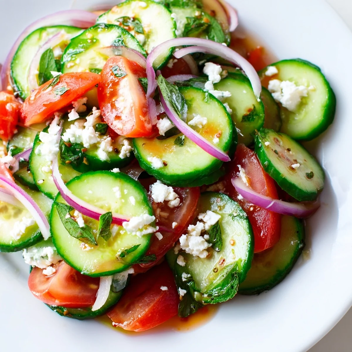 Fresh Italian cucumber salad tossed with ripe tomatoes and tangy vinaigrette dressing