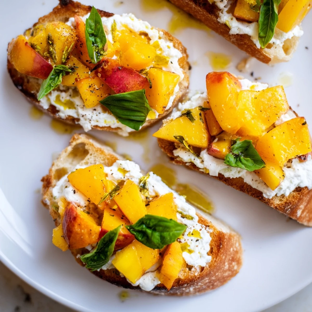 Golden toasted baguette slices topped with creamy ricotta and sweet Sun Kissed Peach Bruschetta