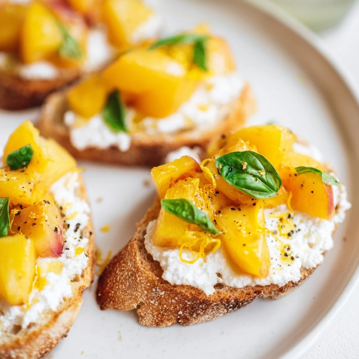 Fresh Sun Kissed Peach Bruschetta with juicy peaches and basil on crispy bread