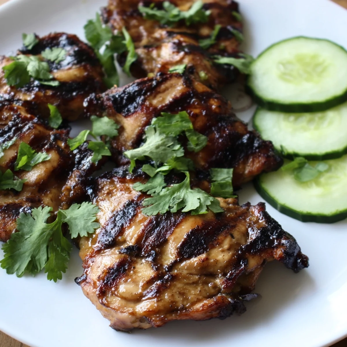 Golden Grilled Vietnamese Chicken with charred edges served on a white plate with fresh cilantro and lime wedges