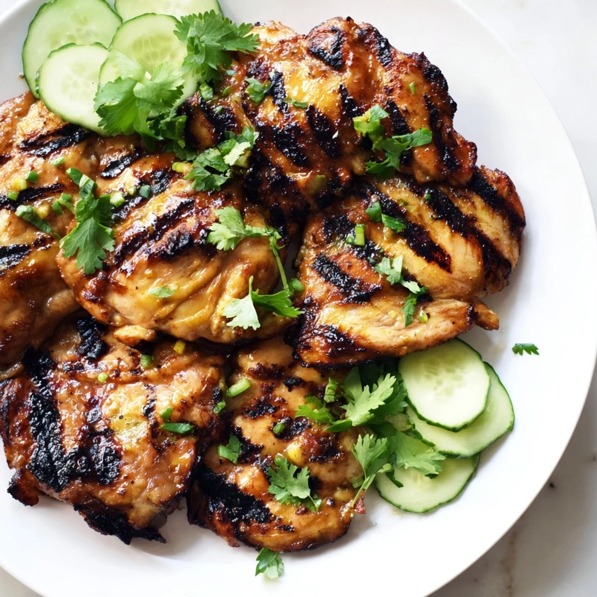 Juicy Grilled Vietnamese Chicken thighs with caramelized lemongrass glaze resting alongside crisp cucumber slices