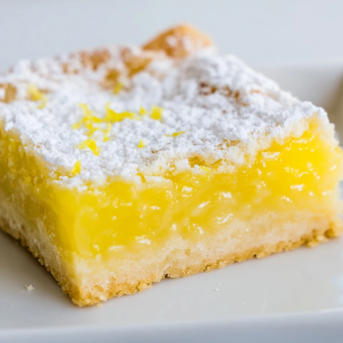 Golden lemon bars with powdered sugar dusting on a rustic white serving plate