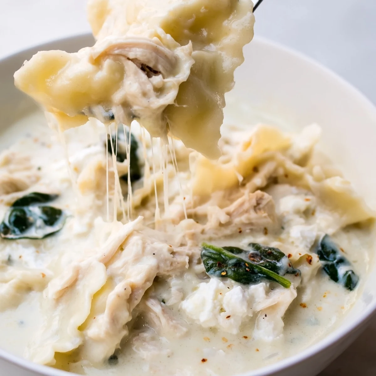 Creamy white lasagna soup in a white bowl with melted cheese and tender noodles