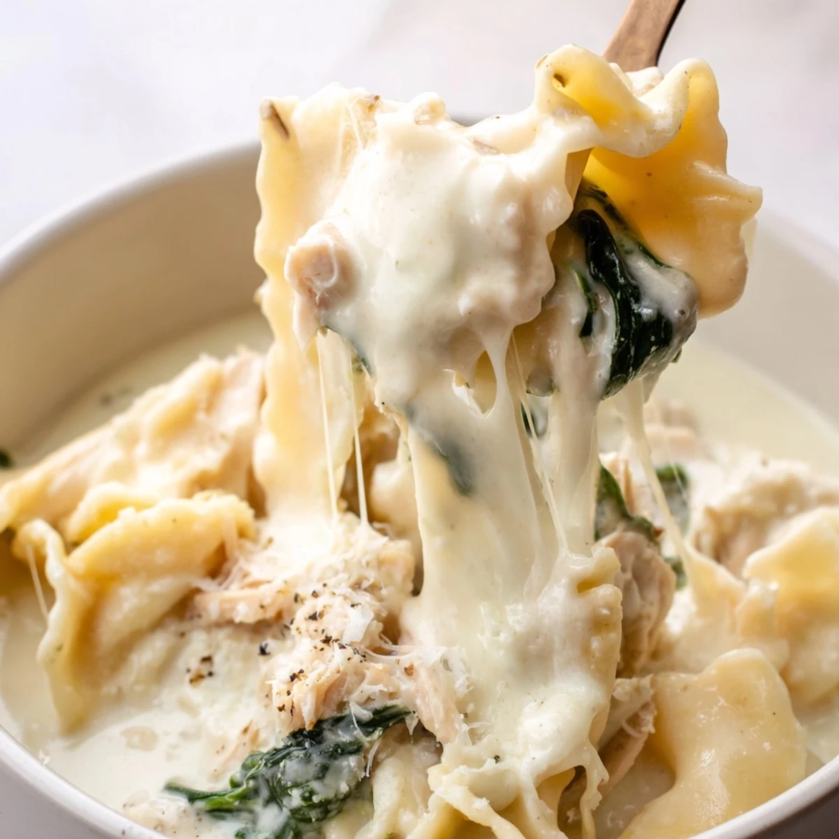 Steaming bowl of white lasagna soup topped with grated Parmesan and cracked pepper