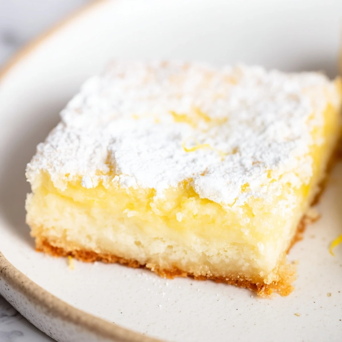 Golden Lemon Gooey Butter Cake squares with creamy, tangy filling dusted in powdered sugar