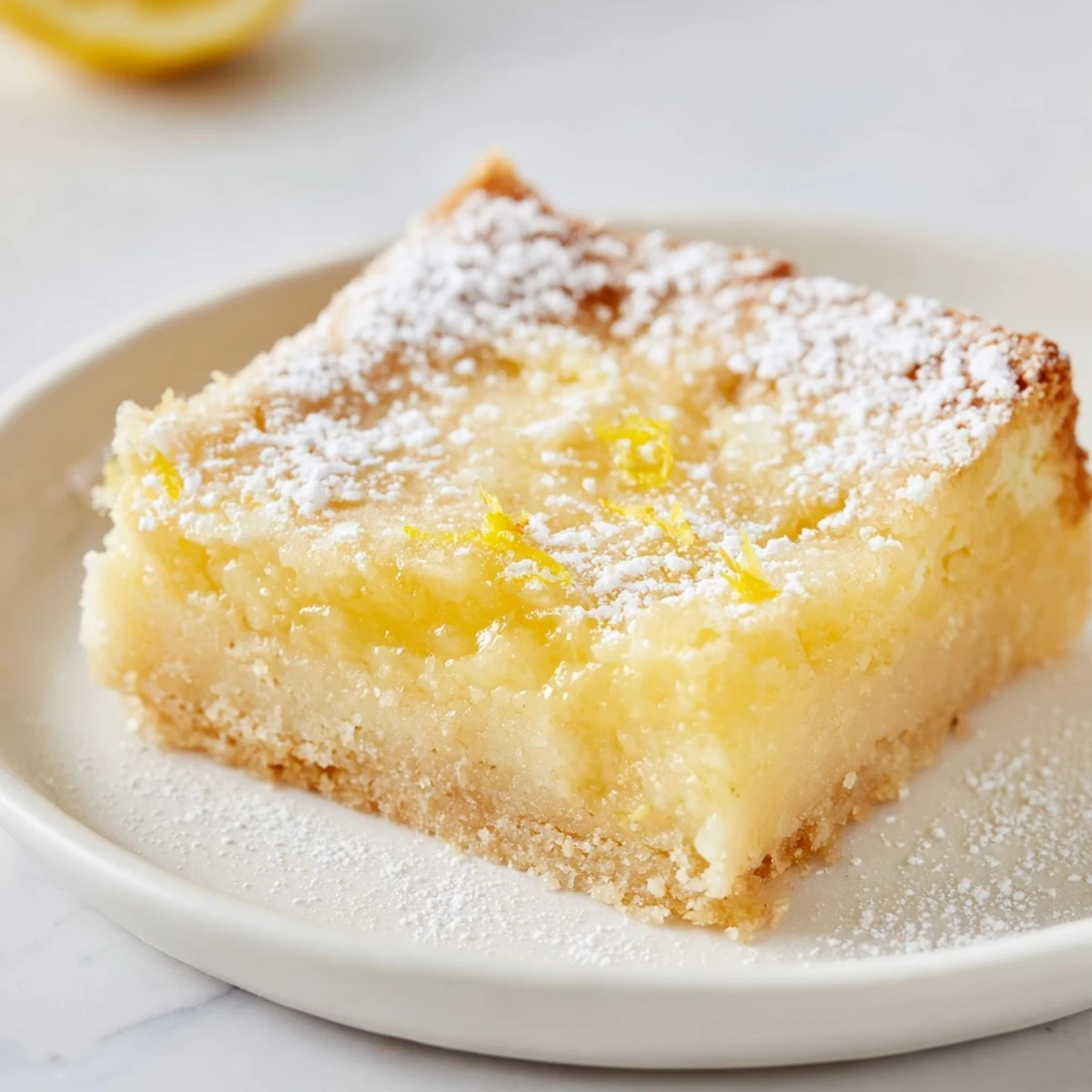 Bright yellow Lemon Gooey Butter Cake sliced into soft, creamy squares on white platter