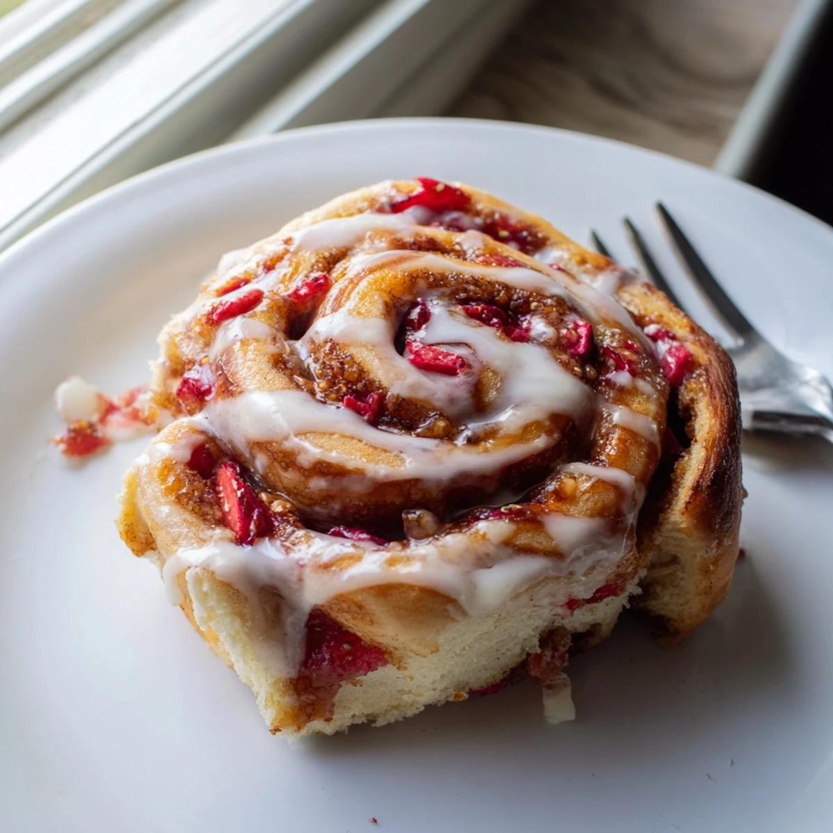Golden Strawberry Cheesecake Cinnabon Rolls drizzled with creamy vanilla glaze on white plate