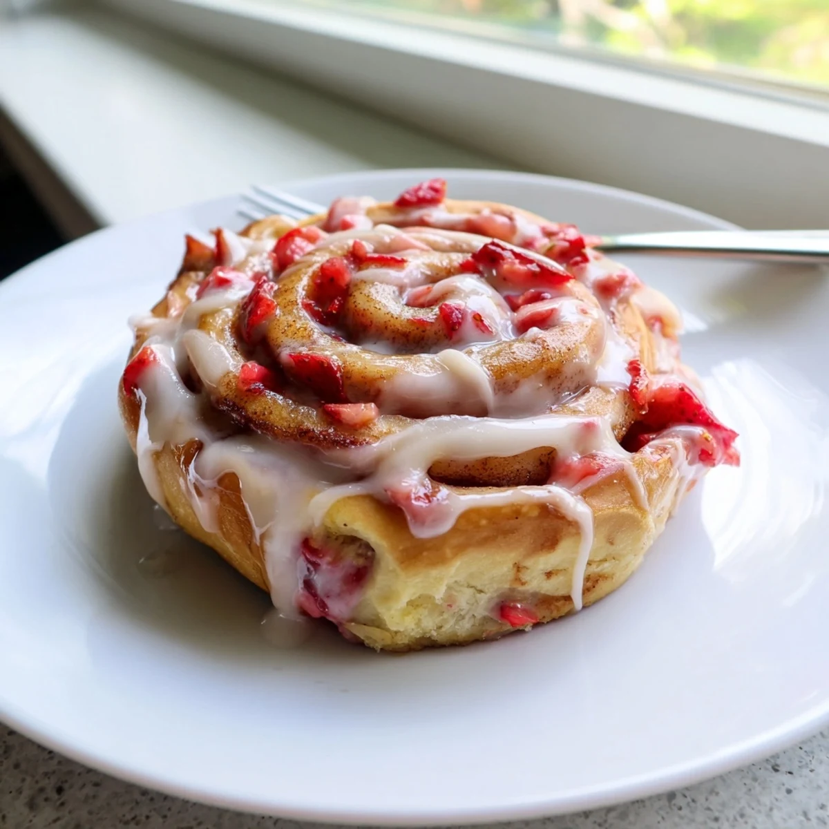 Swirled Strawberry Cheesecake Cinnabon Rolls with glossy icing ready to serve warm