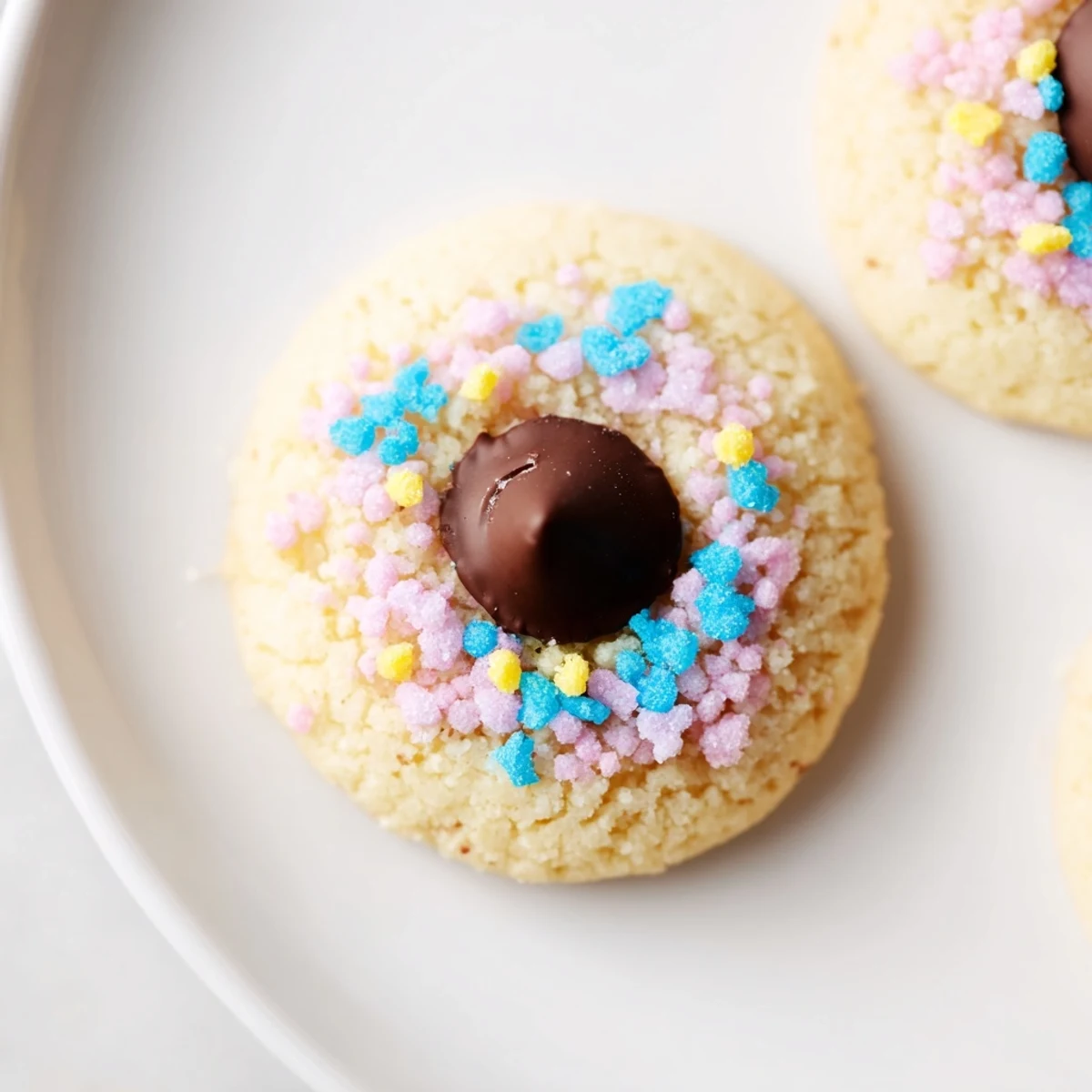 Soft Easter Blossom Cookies with pastel sprinkles and melty chocolate kisses on a rustic baking sheet.