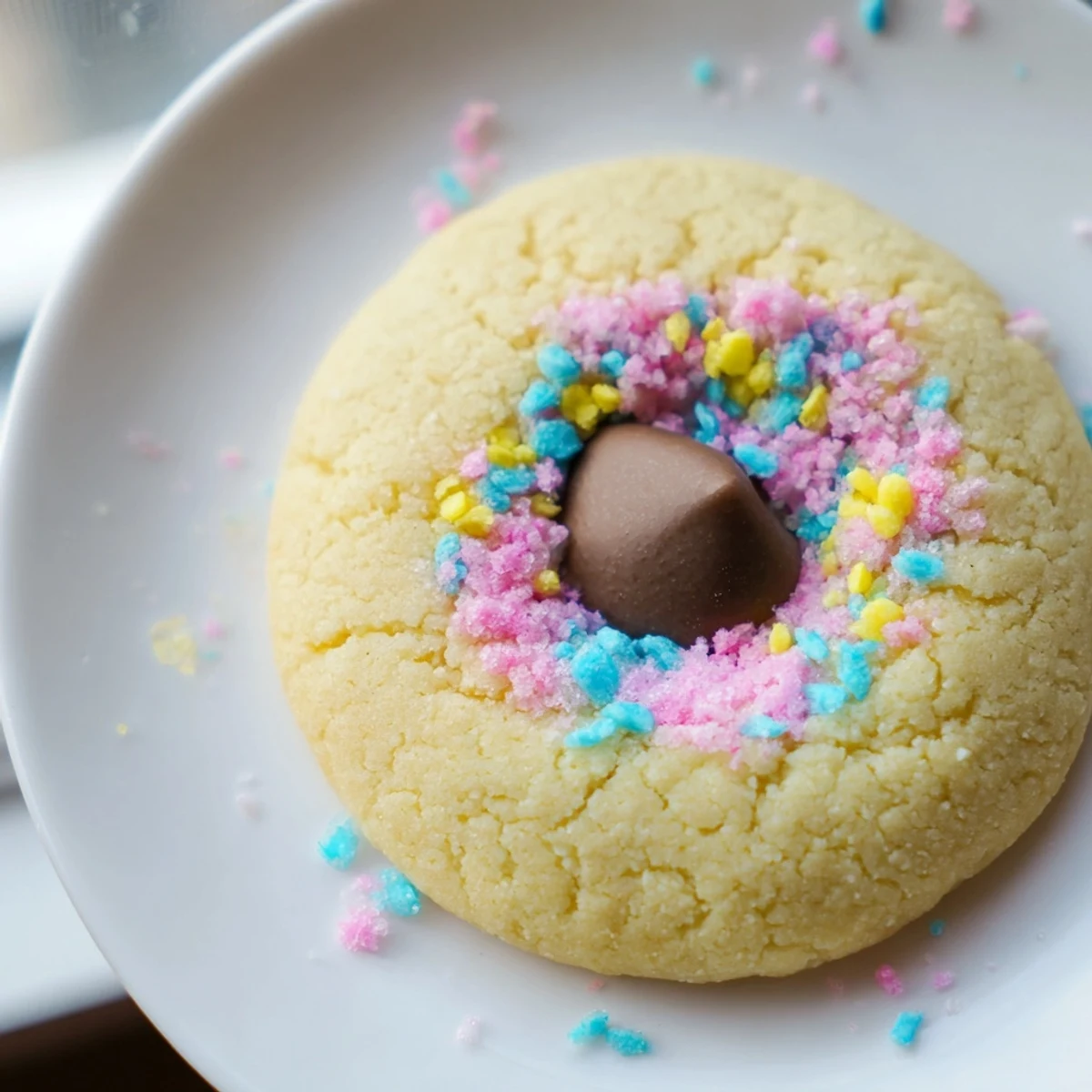 Golden Easter Blossom Cookies topped with colorful candy kisses and festive spring sprinkles arranged beautifully.