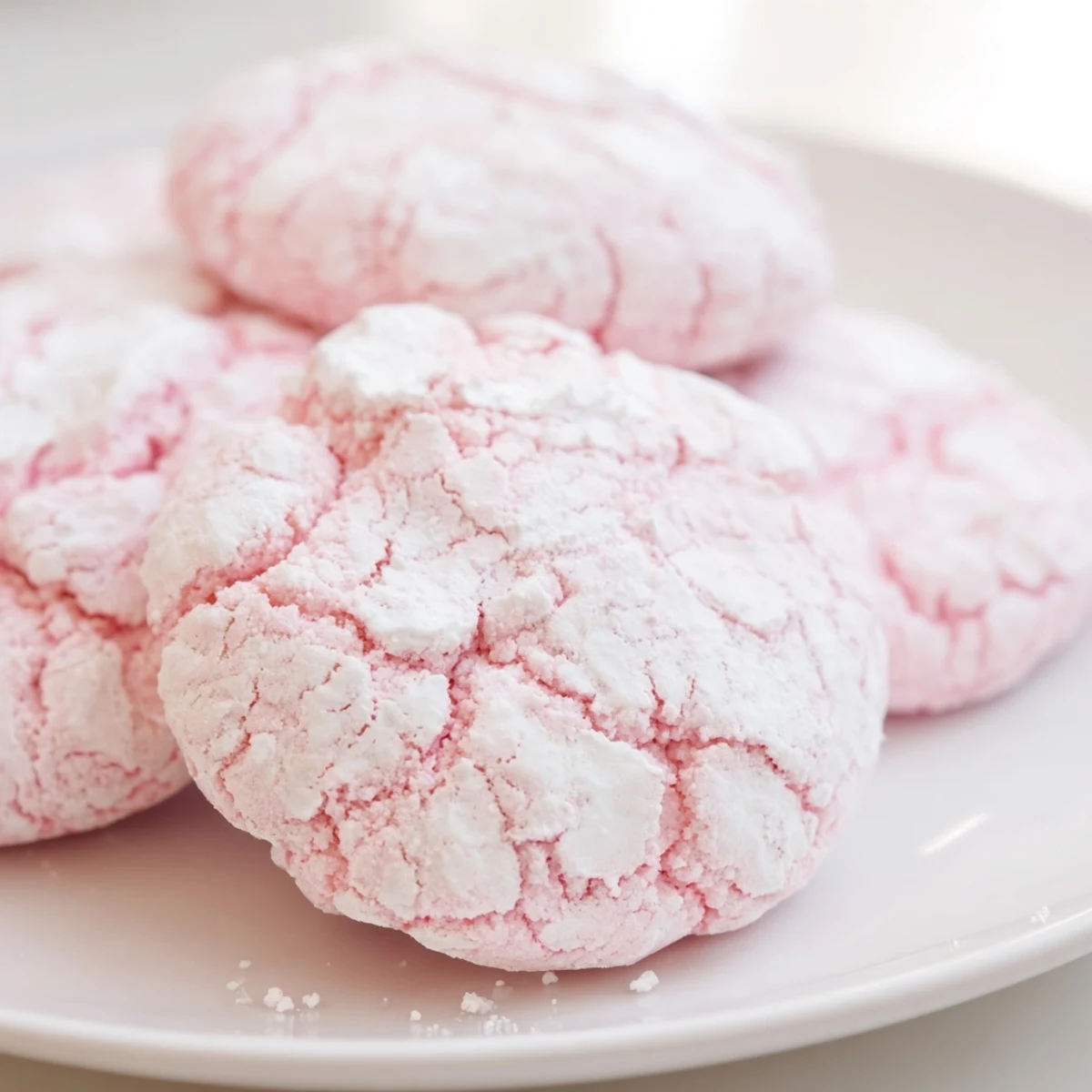 Soft pastel crinkle cookies with powdered sugar coating arranged on a rustic white baking sheet