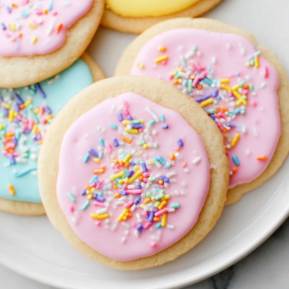 Pastel Easter cookies decorated with swirls of pink and blue royal icing on a rustic baking sheet.