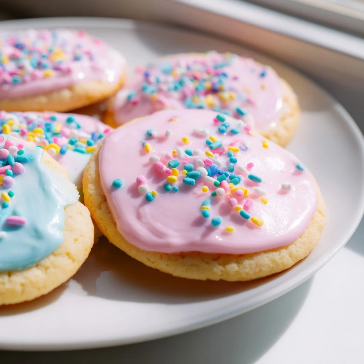 Soft buttery Easter cookies topped with colorful sprinkles arranged on a bright spring dessert table.