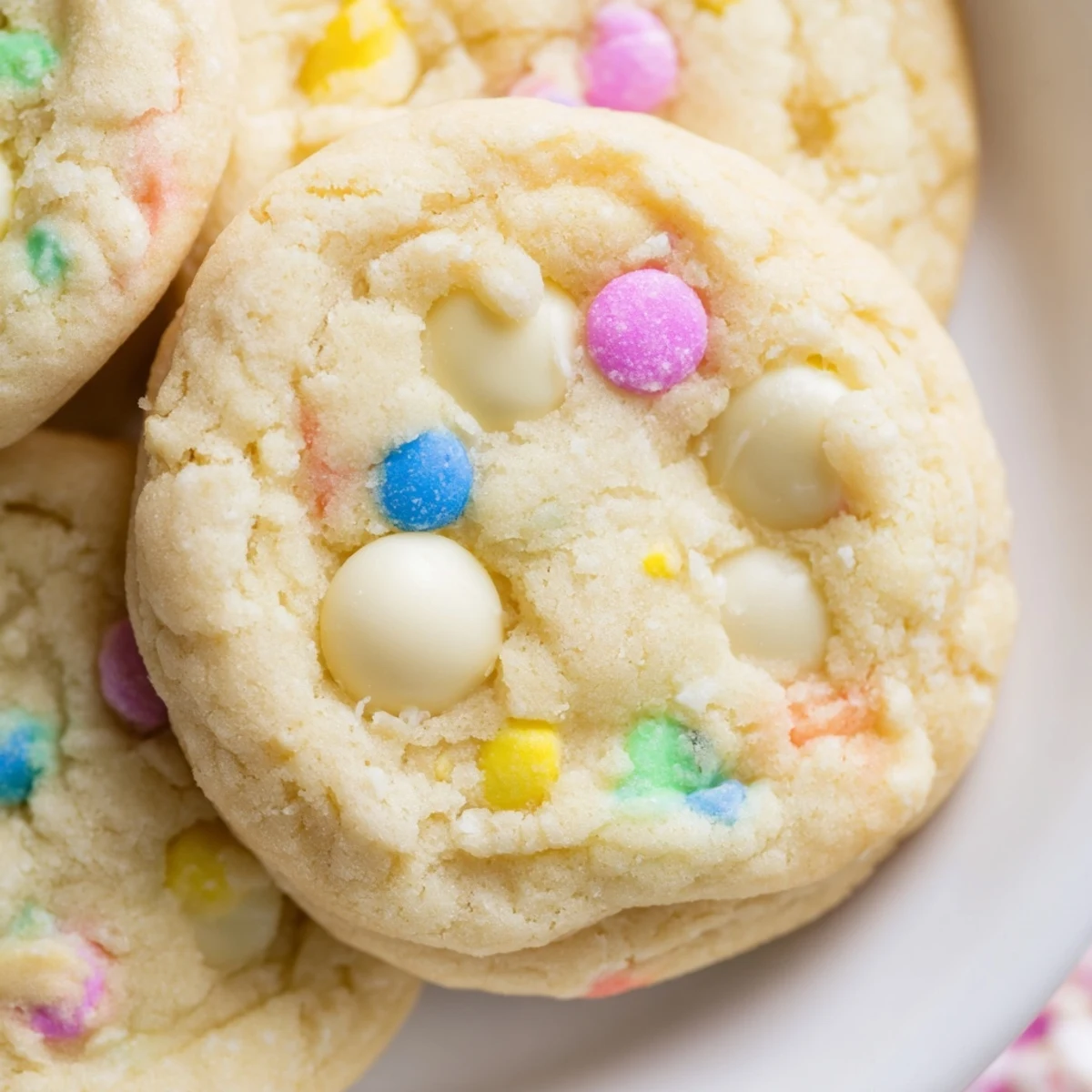 Soft pastel white chocolate cookies with creamy chips and colorful sprinkles on a rustic baking sheet
