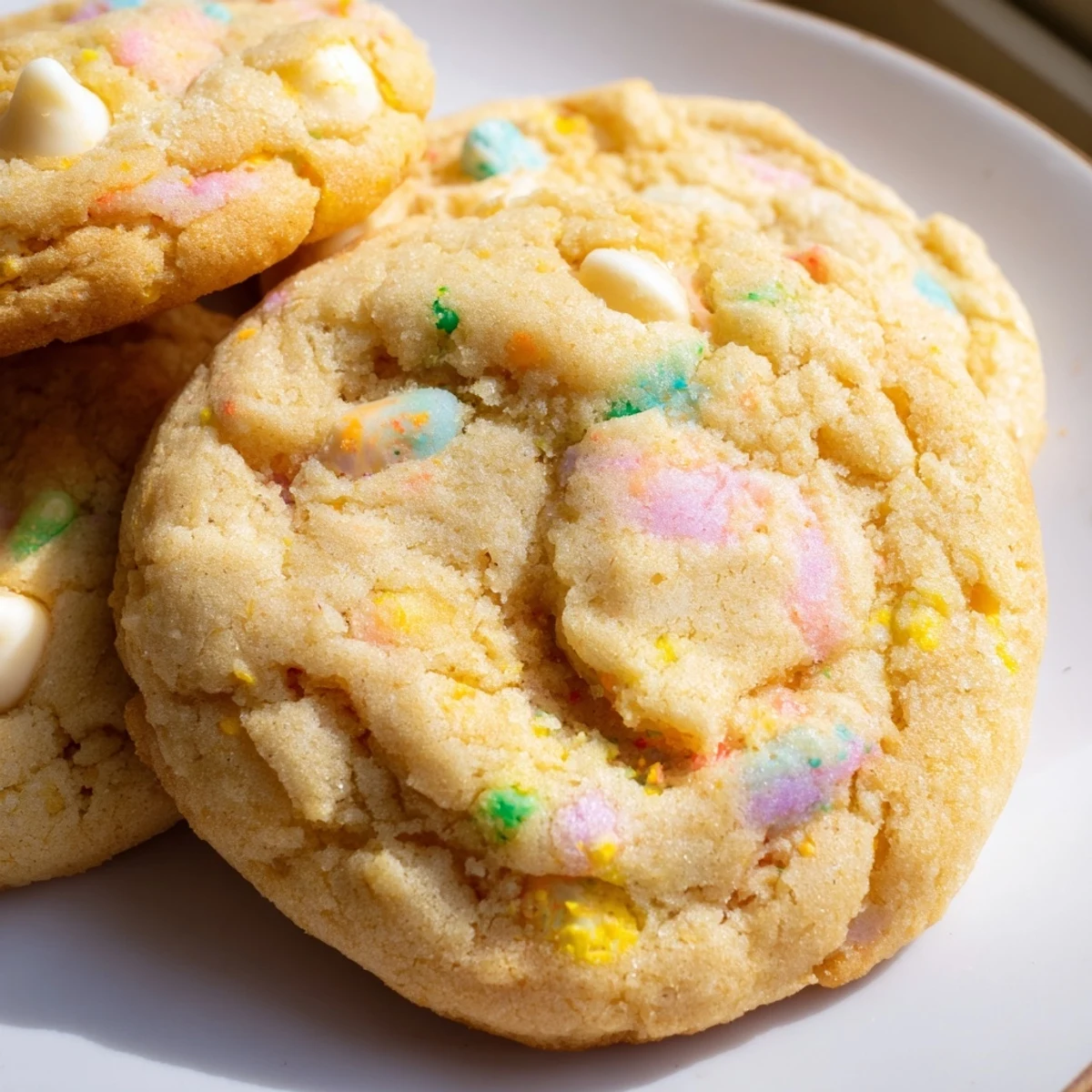 Chewy pastel white chocolate cookies studded with sweet white chocolate chips and festive sprinkles