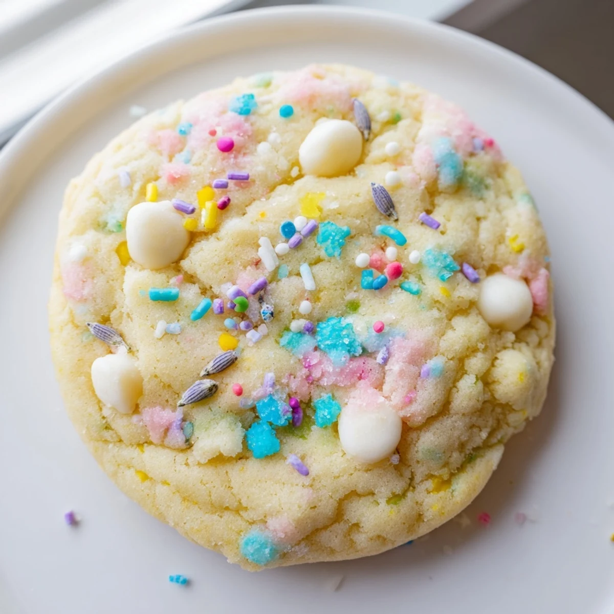 Golden-edged Spring Blossom Cookies studded with colorful candy pieces cooling on wire rack
