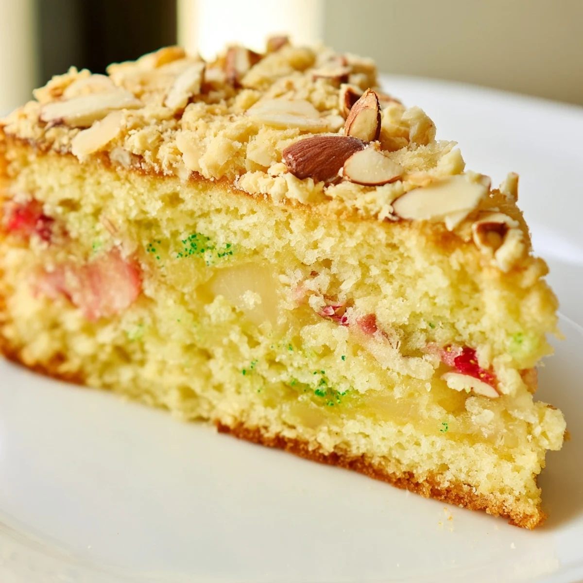 Golden lemon rhubarb cake with strawberry filling and crunchy almond streusel topping fresh from oven