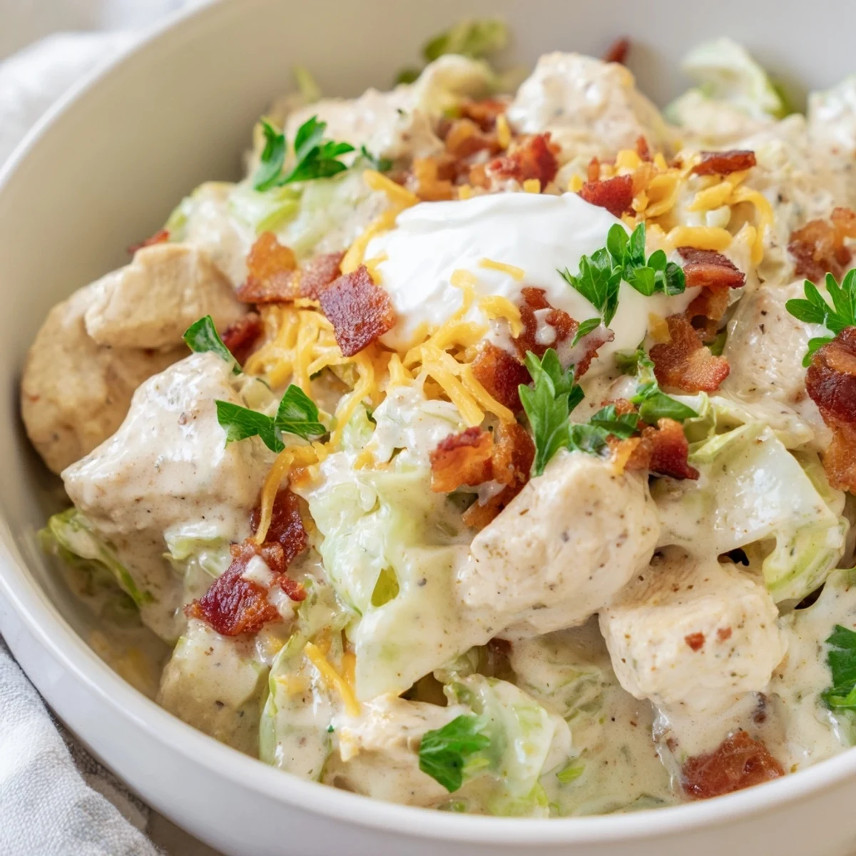 Creamy chicken bacon ranch cabbage bowls topped with crispy bacon and fresh green onions