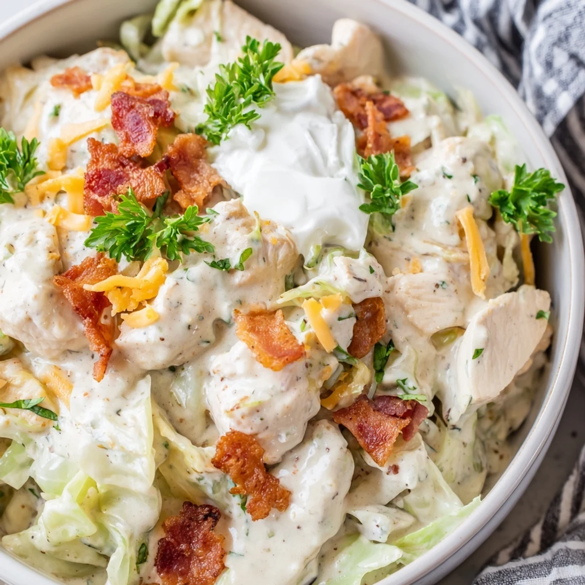 Tender chicken and crunchy cabbage coated in rich ranch sauce in a white bowl