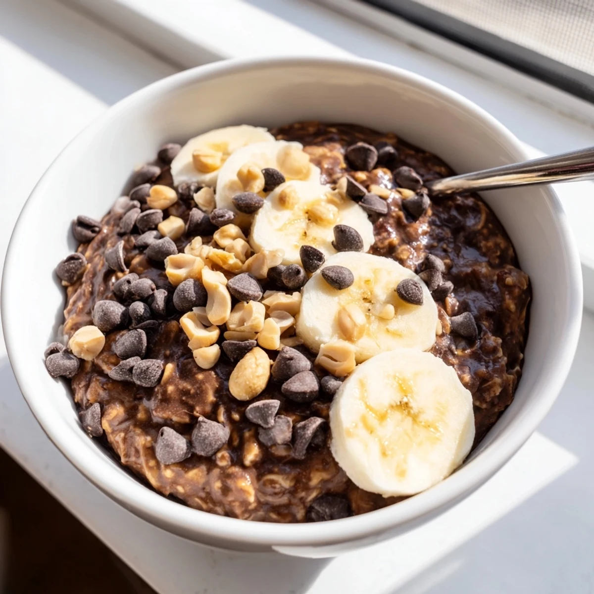 Creamy chocolate peanut butter overnight oats topped with mini chips in a glass jar