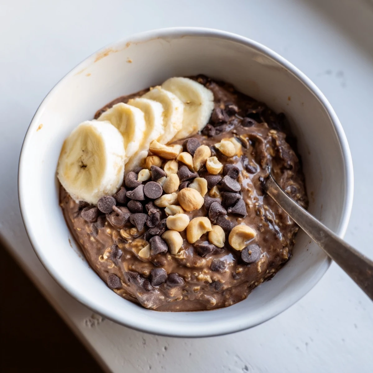 Rich chocolate peanut butter overnight oats in a mason jar ready for breakfast
