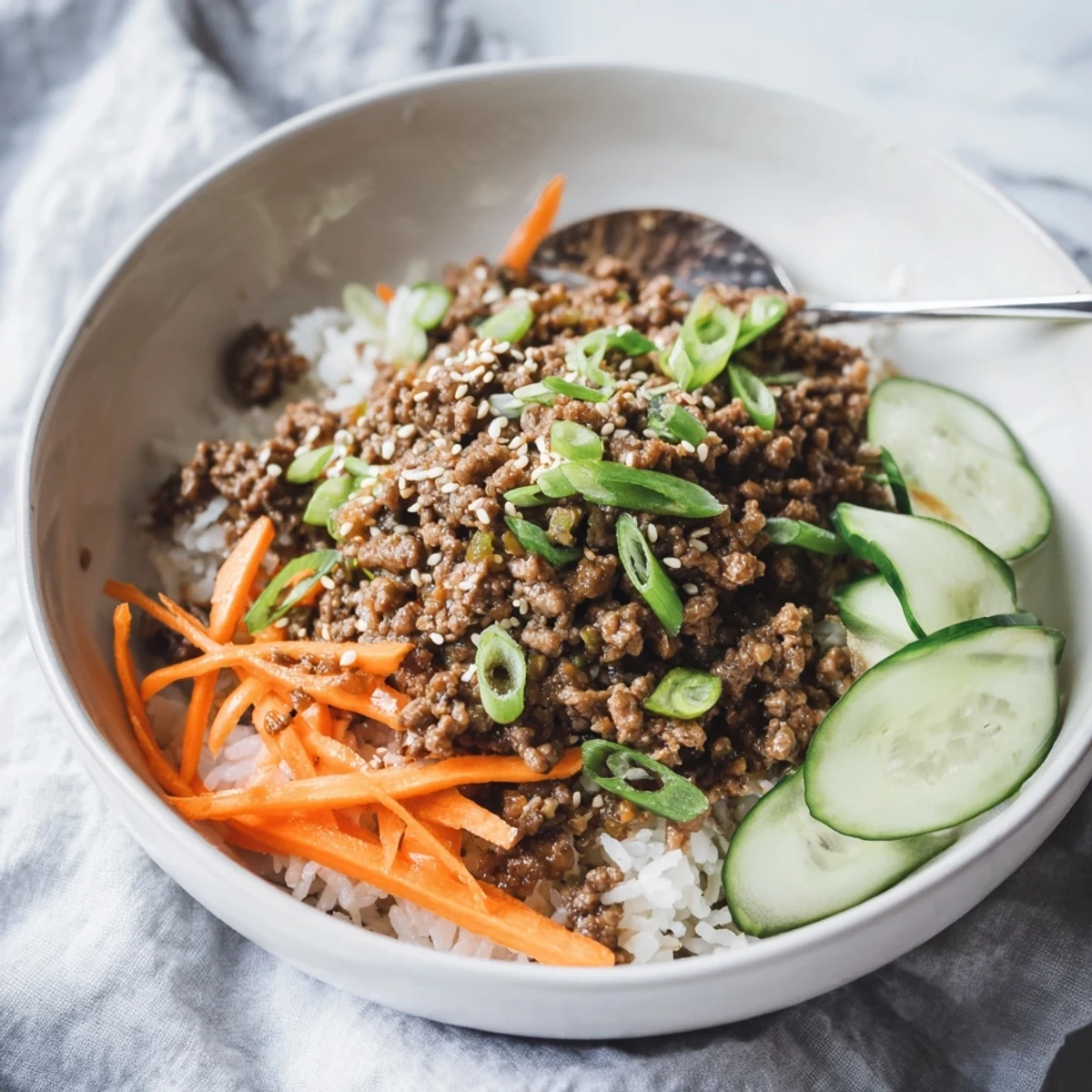 Crispy sesame beef bowls with julienned carrots, cucumber, and scallions over fluffy steamed white rice