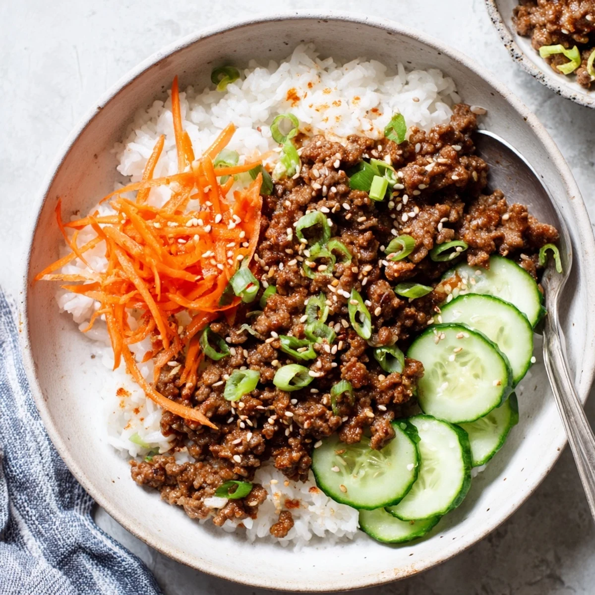 Savory Asian Korean beef bowls drizzled with spicy gochujang sauce and topped with fresh vegetables