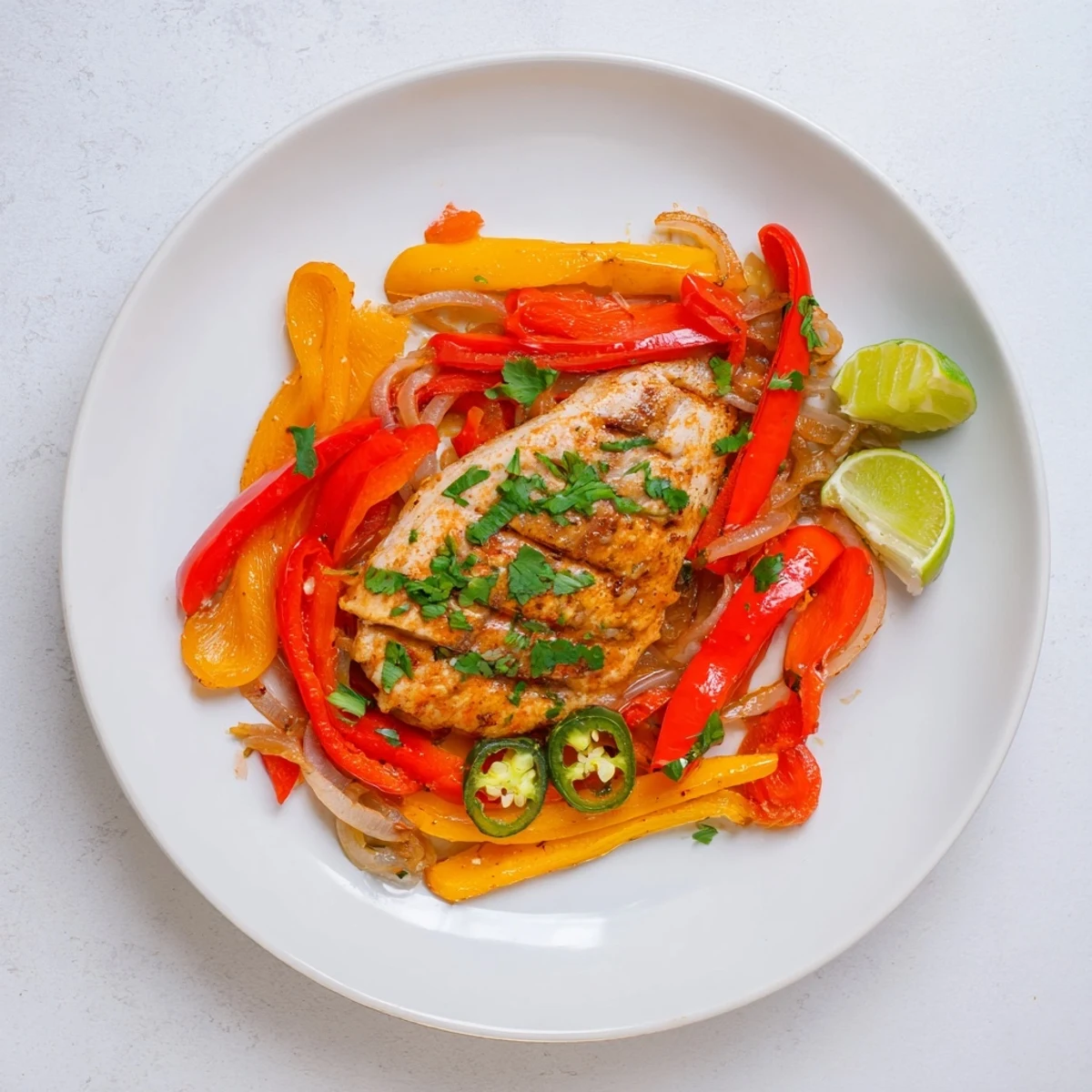 Golden tilapia fillets nestled in a vibrant spicy roasted pepper tilapia skillet with tender bell peppers