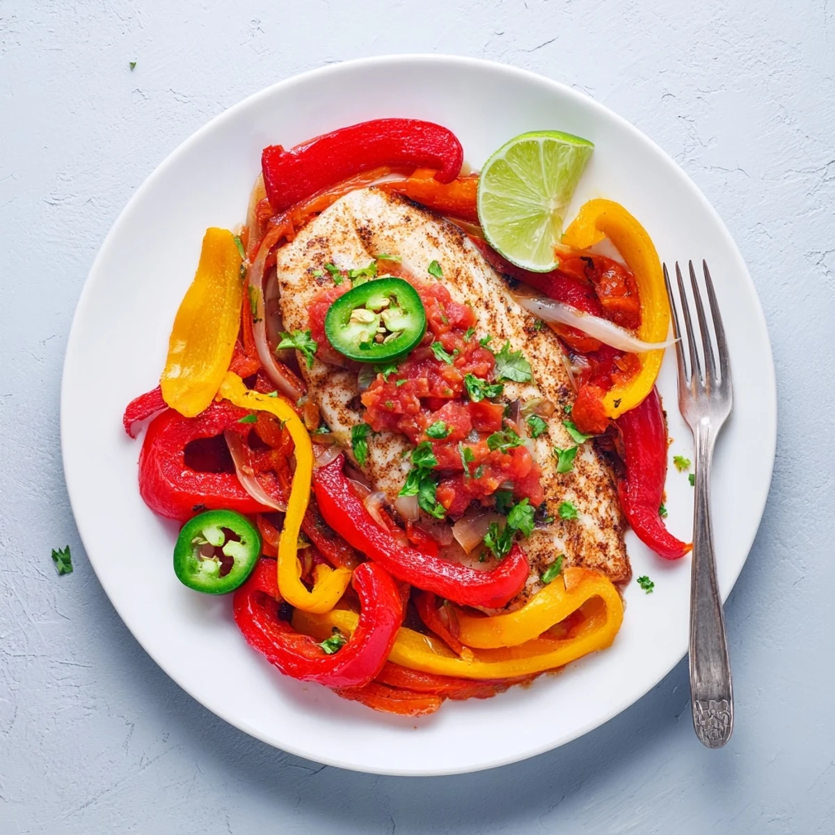 Spicy roasted pepper tilapia skillet simmering with colorful peppers tomatoes and perfectly seared white fish