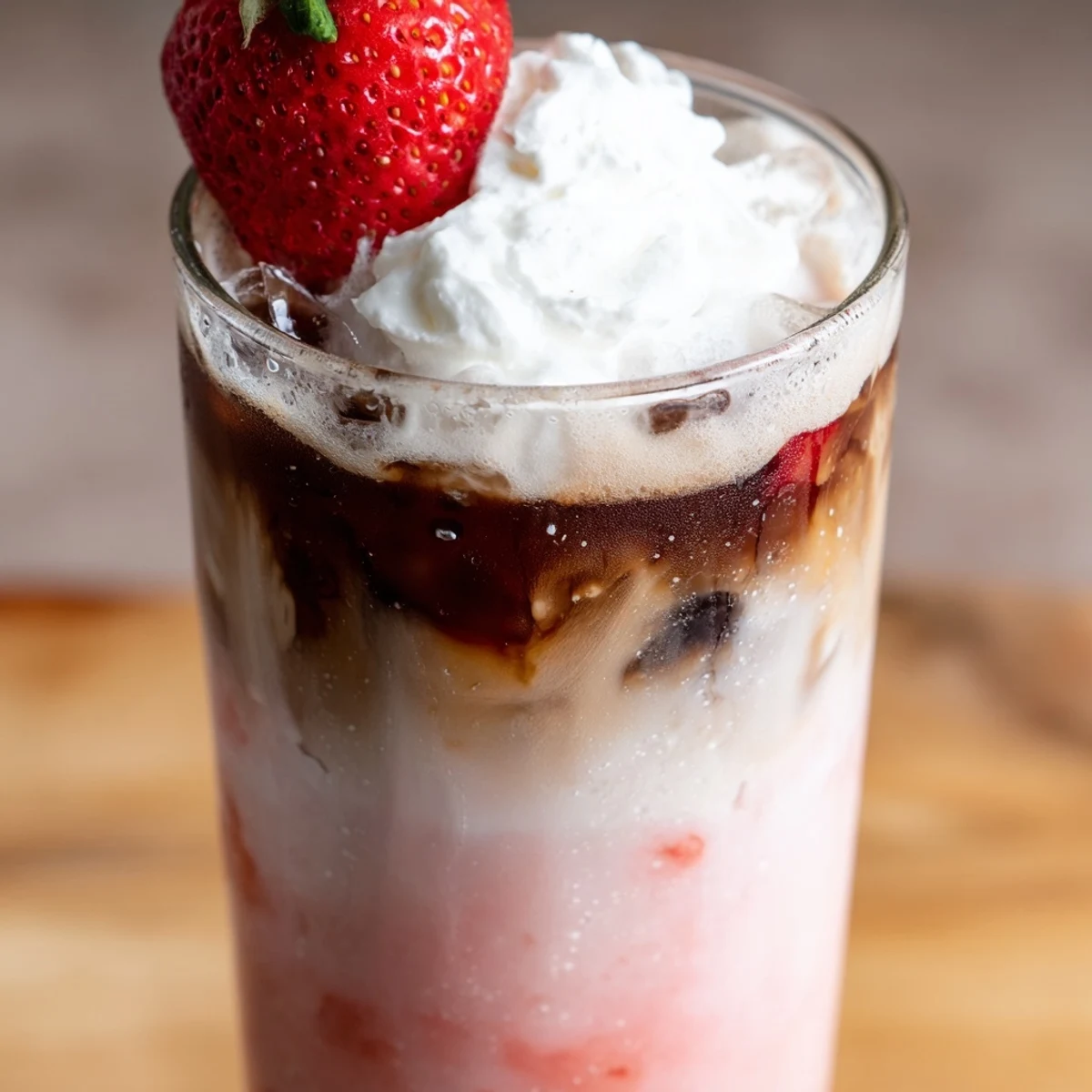 Creamy strawberry cold latte in a tall glass with swirled pink layers and ice