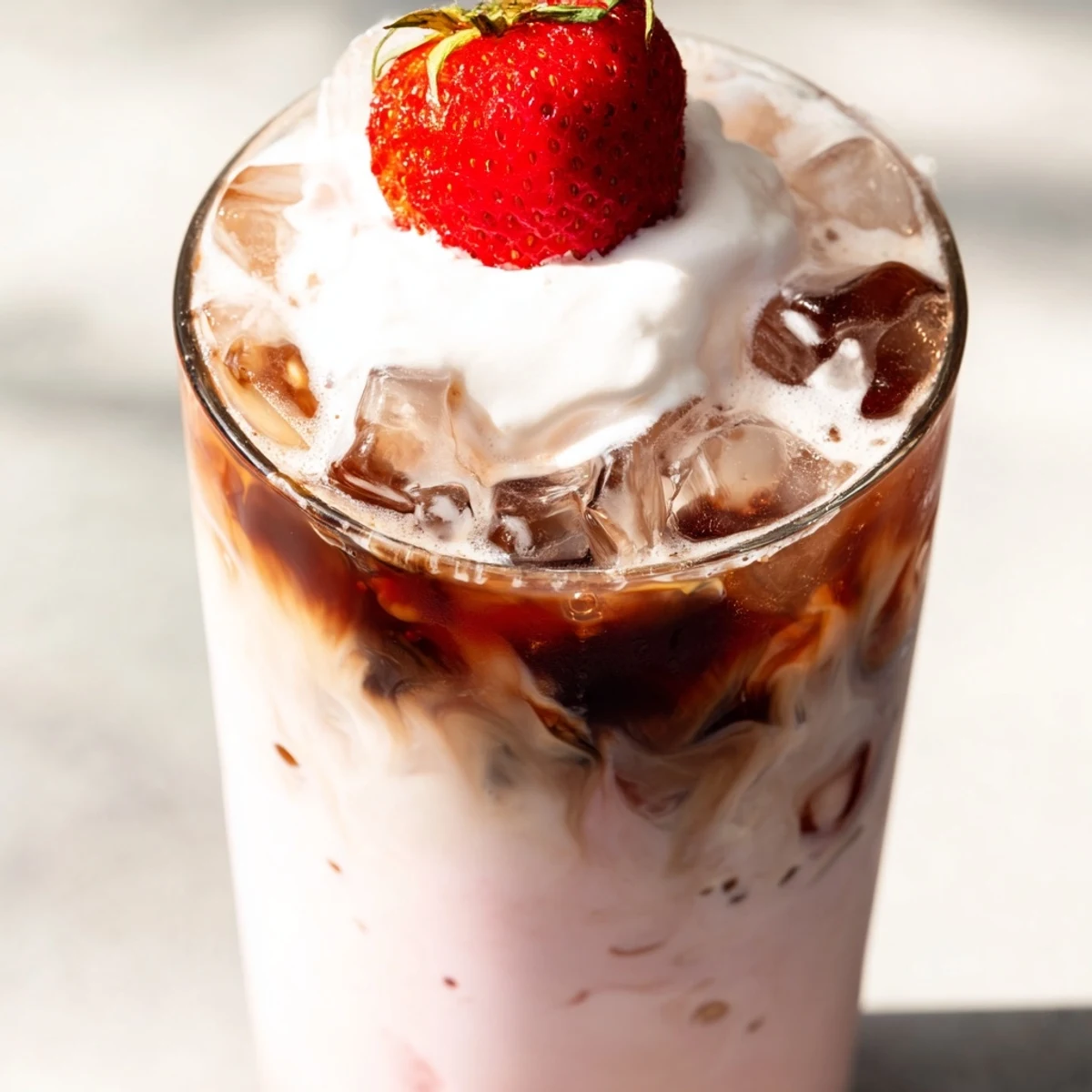 Refreshing strawberry cream cold latte topped with whipped cream and fresh berry garnish