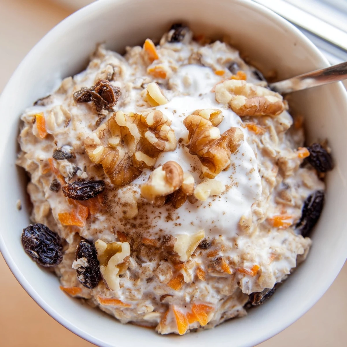 Creamy carrot cake overnight oats in a mason jar topped with crunchy walnuts and a cinnamon sprinkle
