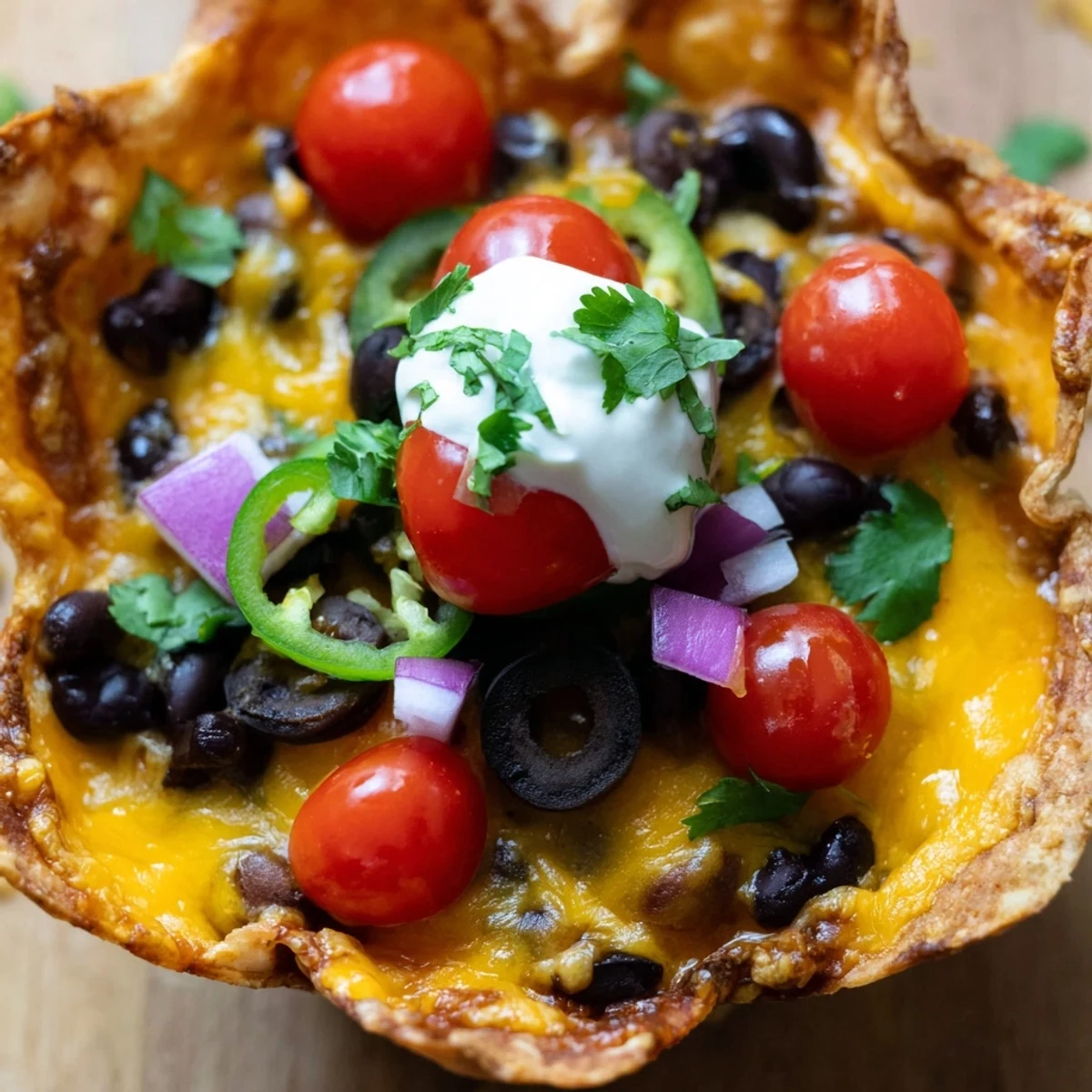 Golden cheesy nacho cups with melted cheese and colorful toppings in a muffin tin
