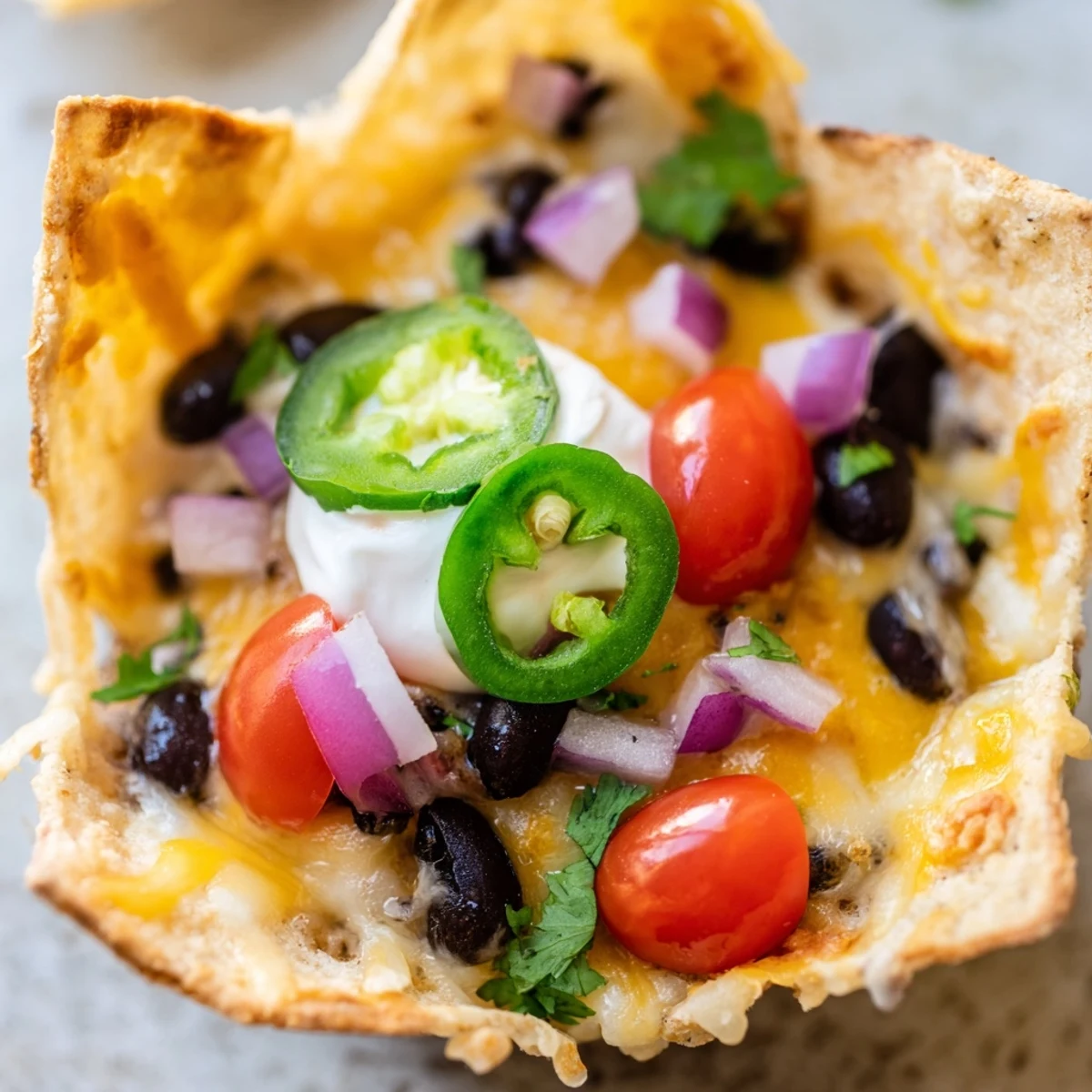 Crispy tortilla cups overflowing with gooey melted cheese and zesty nacho toppings