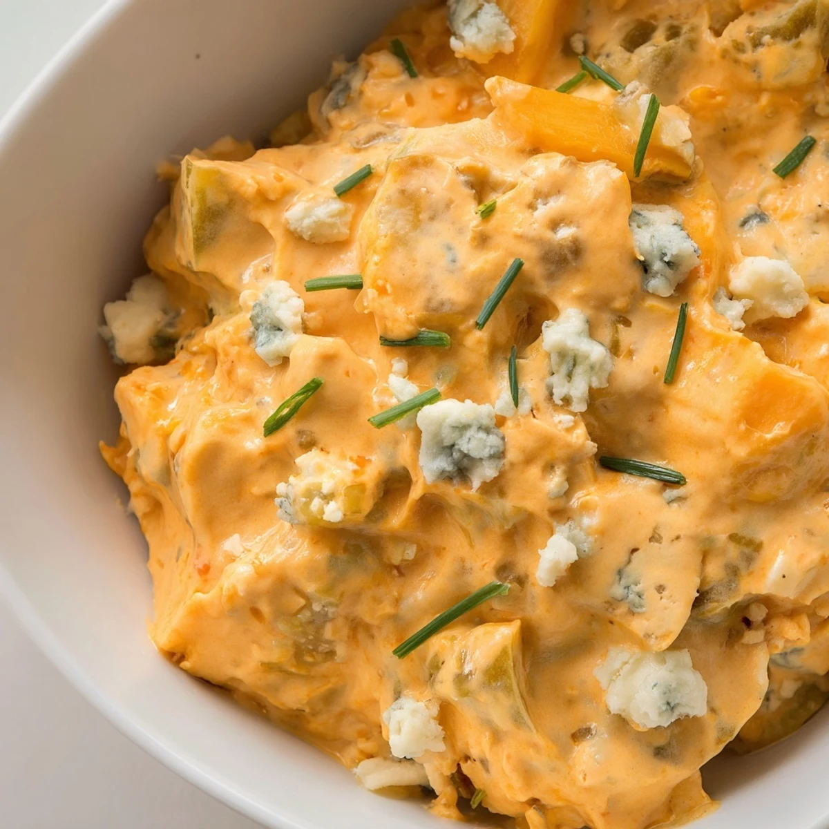 Tangy buffalo pickle dip topped with cheddar cheese and fresh chives ready for game day snacking spread