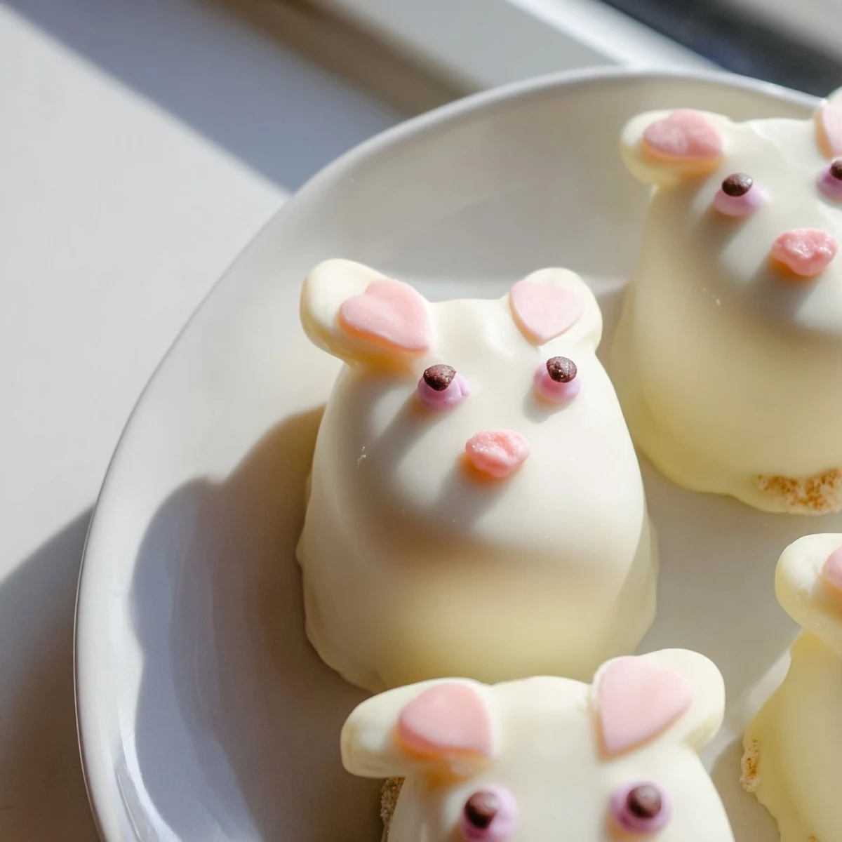 Adorable white chocolate bunny cakesicles with candy eyes and pink ears on sticks