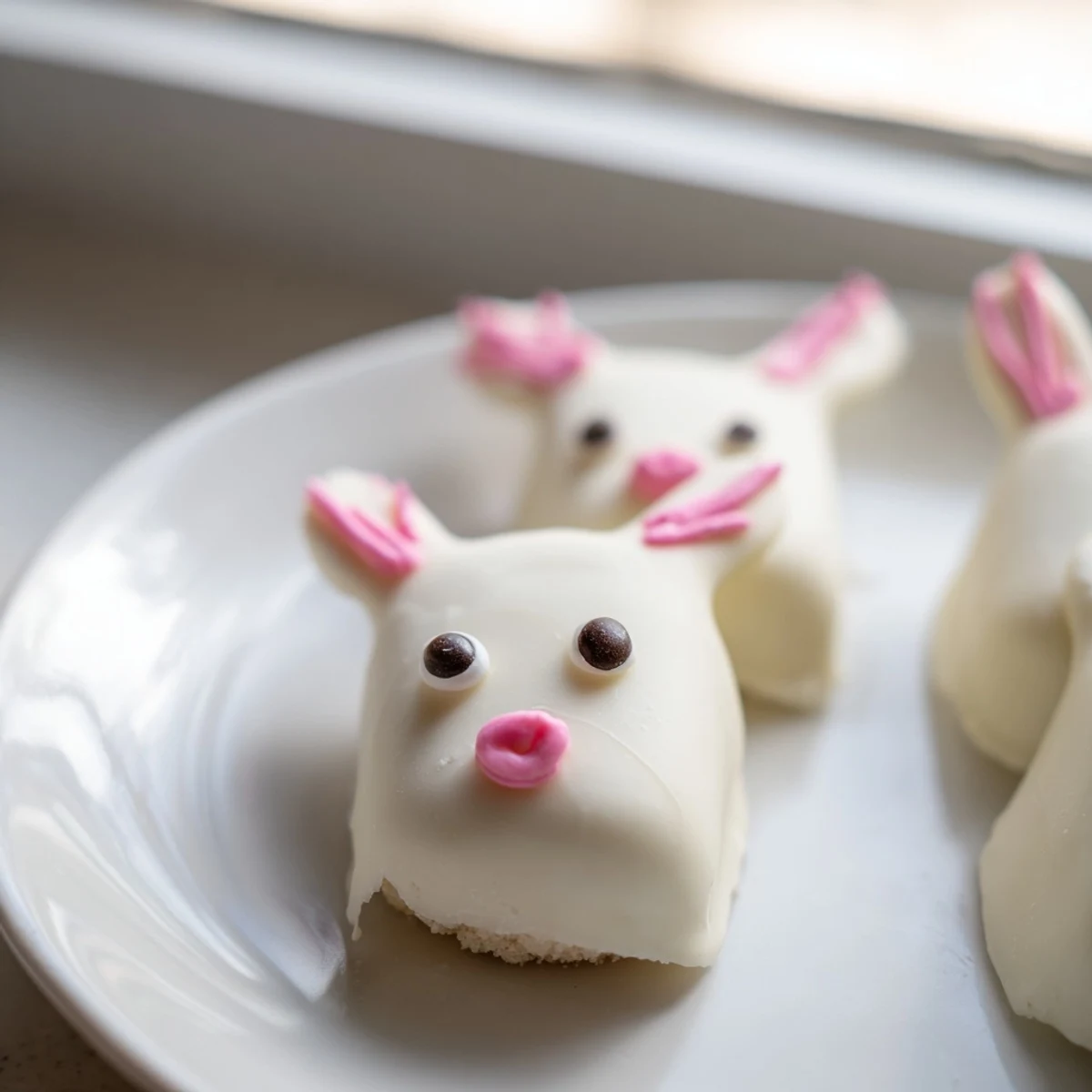 Creamy white chocolate bunny cakesicles decorated with sprinkles for festive Easter treats