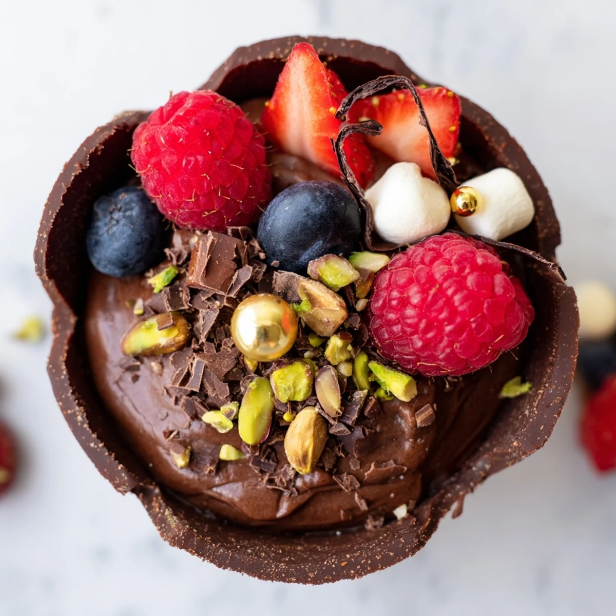 Decadent chocolate grazing cups filled with creamy mousse, jewel-toned berries, and toasted nuts