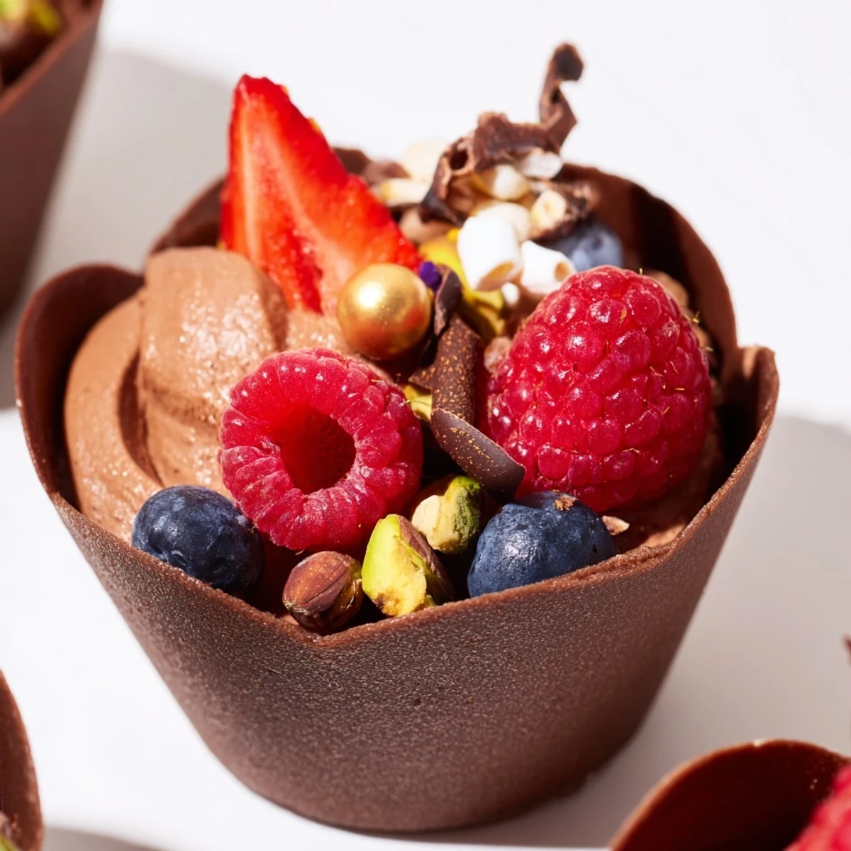 Elegant dark chocolate cups overflowing with velvety mousse, raspberries, and crunchy hazelnut pieces