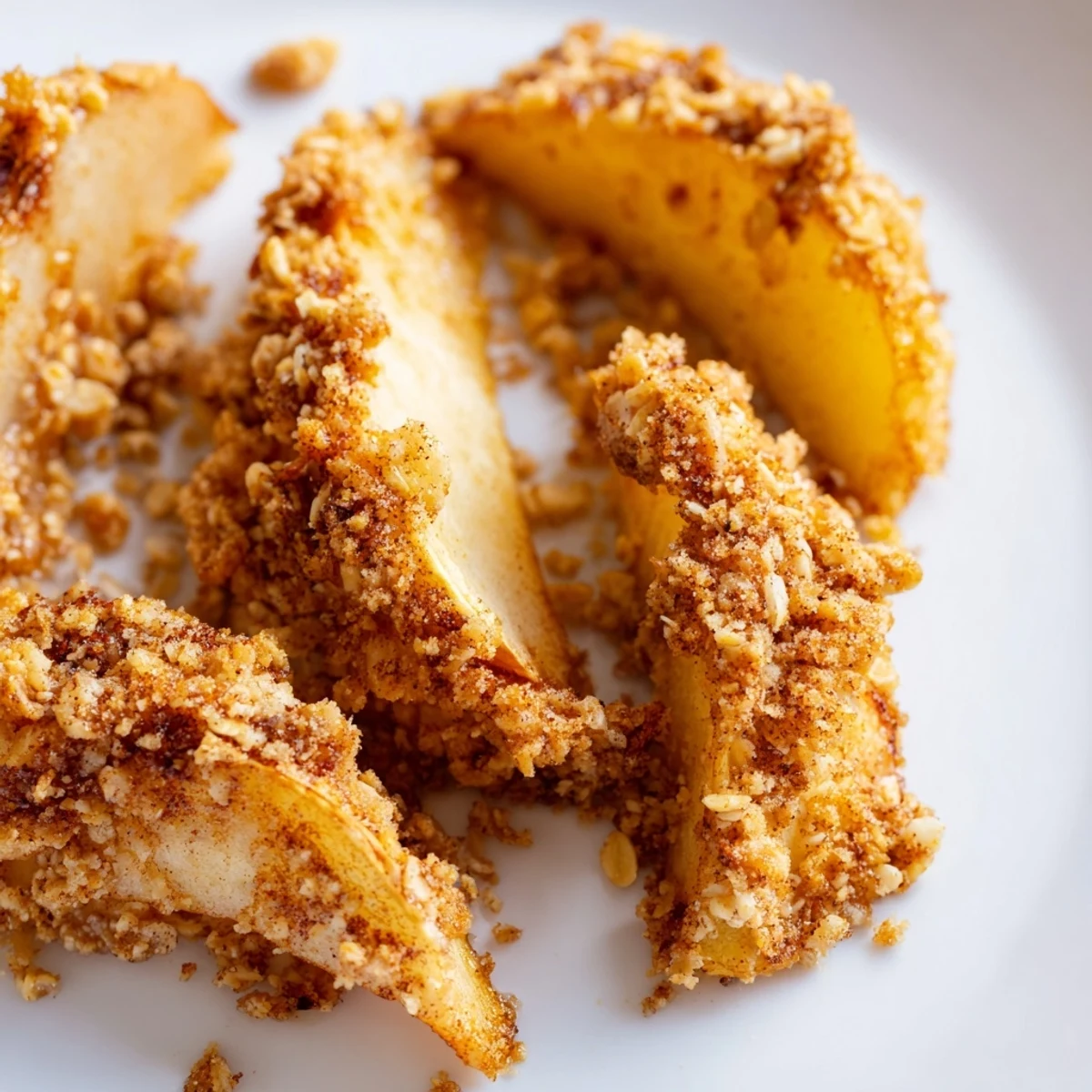 Golden crispy air fryer apple slices coated in cinnamon sugar and served warm