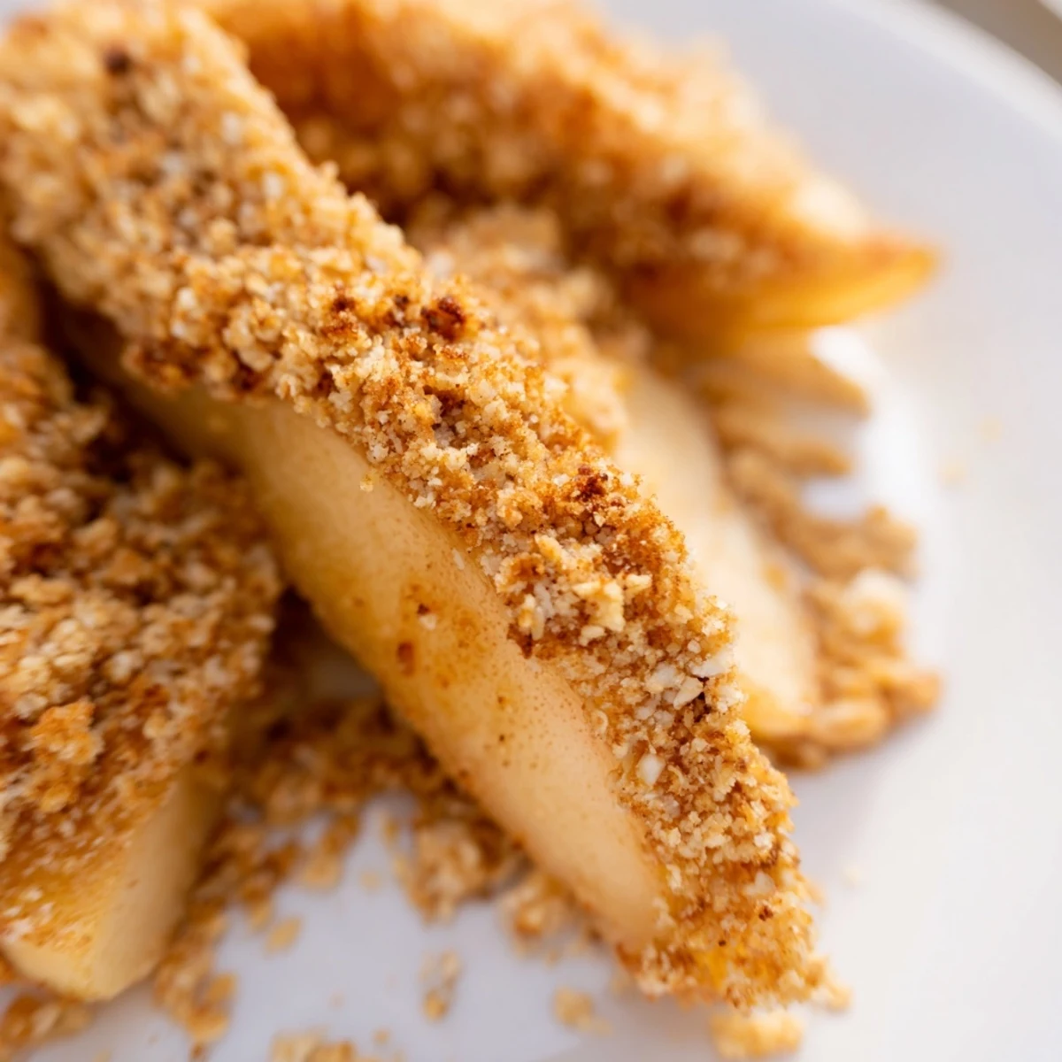 Crispy air fryer apples with tender centers and crunchy oat topping on a plate