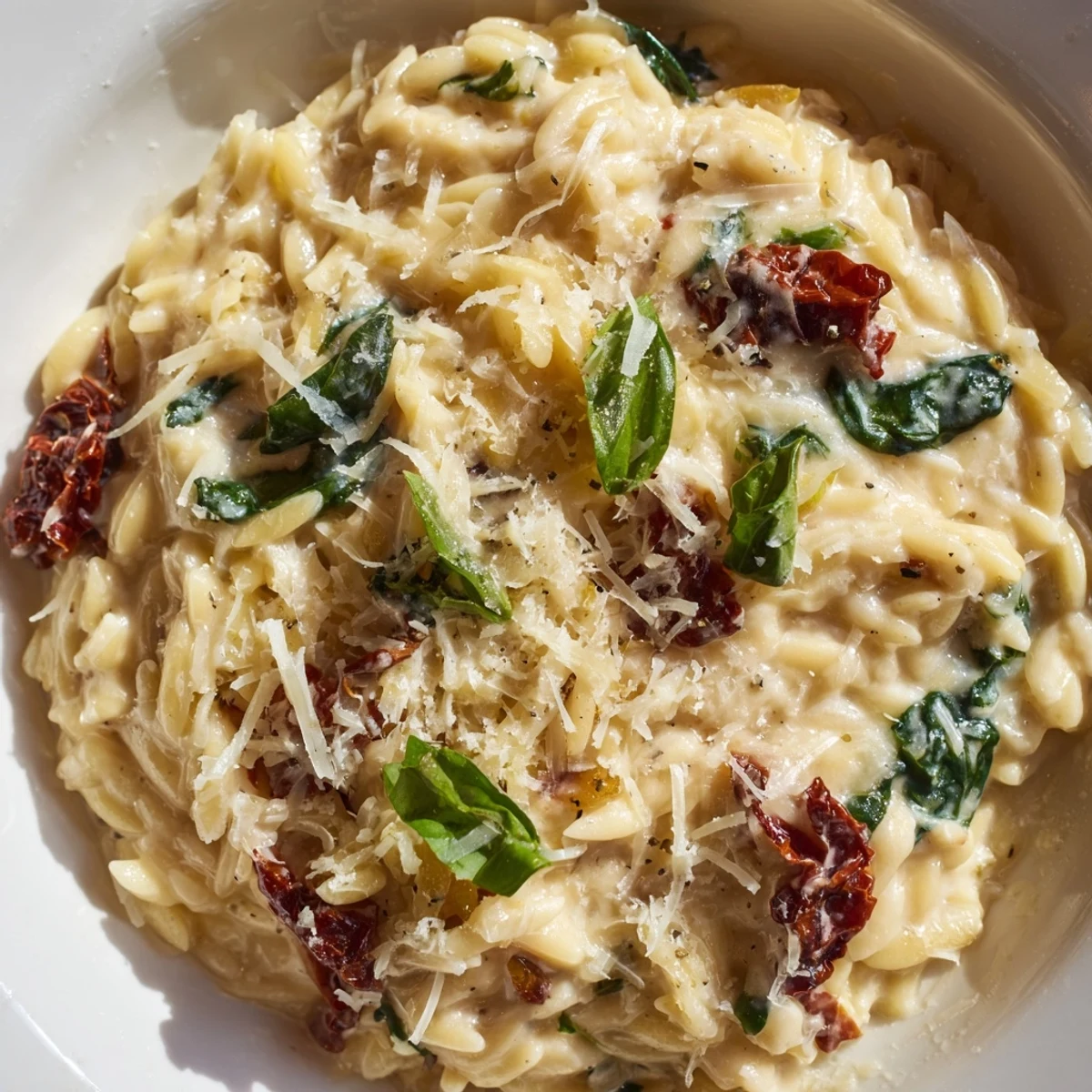 Creamy Tuscan orzo in a skillet with sun-dried tomatoes and wilted fresh spinach