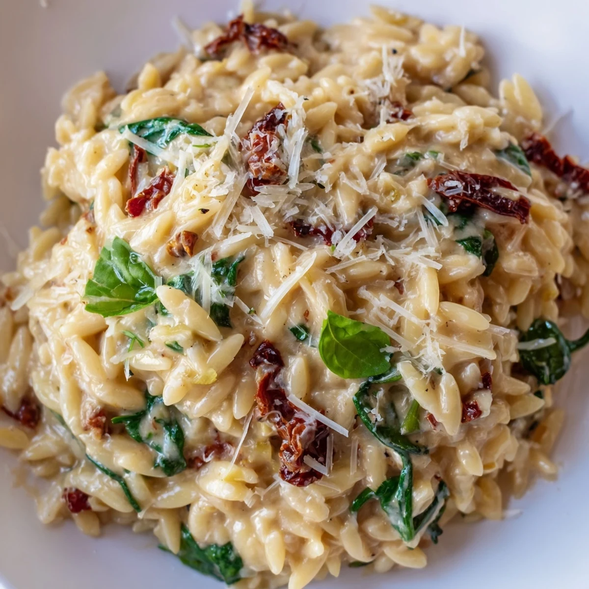 Warm bowl of Creamy Tuscan orzo topped with grated Parmesan and basil leaves