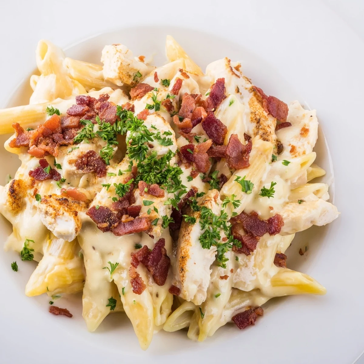 Creamy crack chicken pasta topped with crispy beef bacon and fresh green herbs