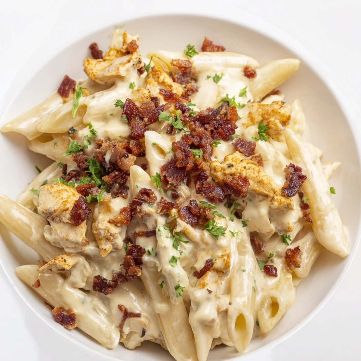 Golden penne coated in rich cheesy sauce with tender chicken and crispy bacon