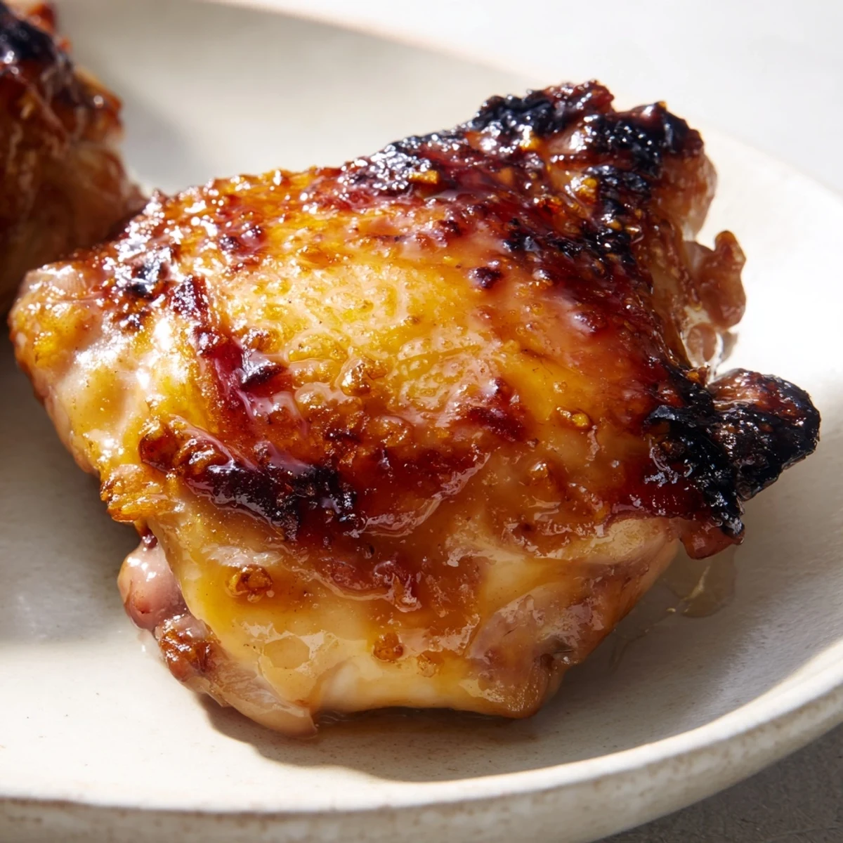Glossy savory glazed chicken with golden crispy potatoes and fresh herb rice on a white plate
