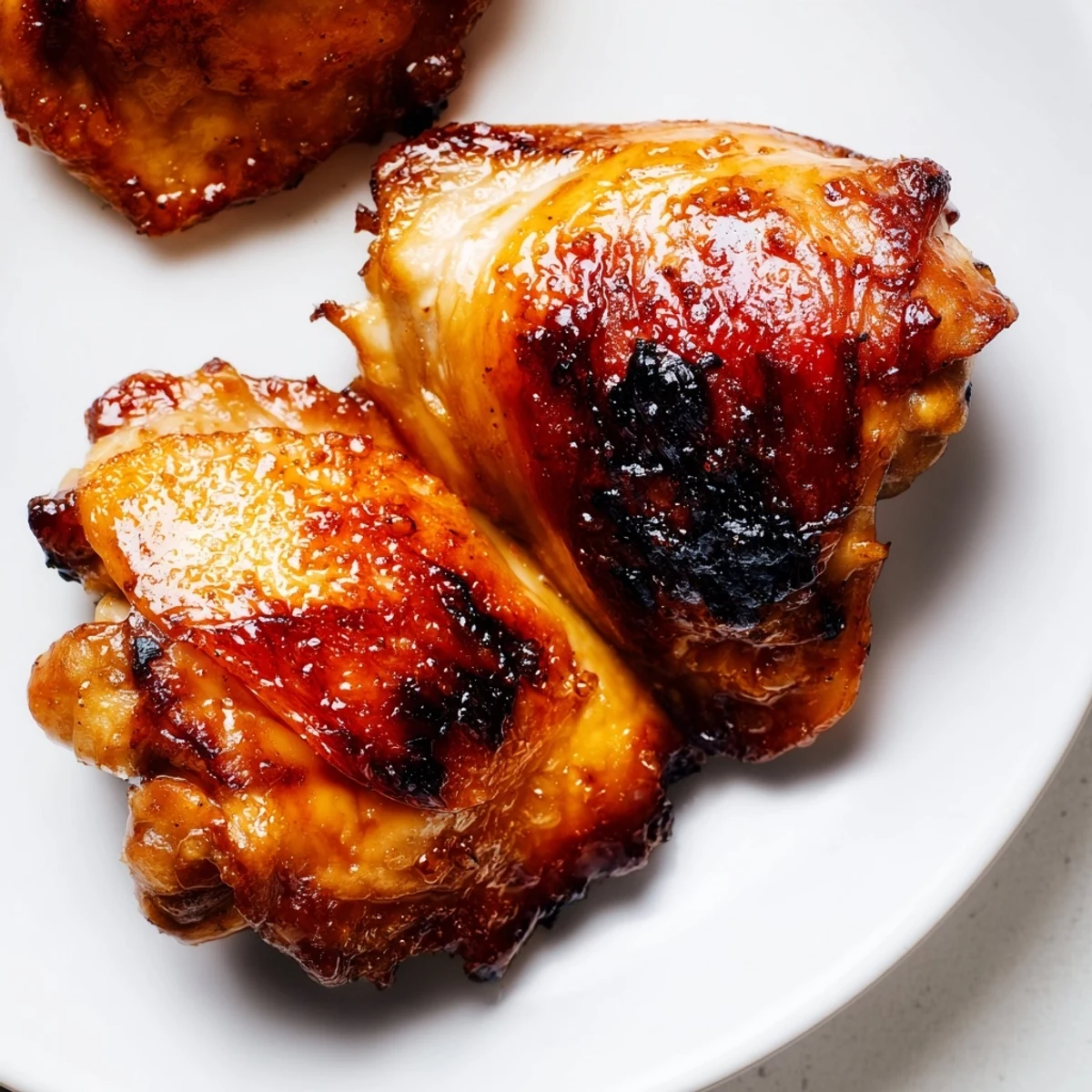 Savory glazed chicken thighs dripping with sticky honey sauce beside fluffy green herb rice