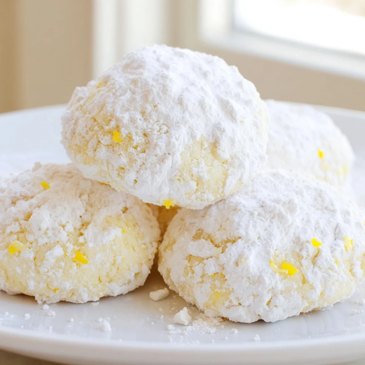 Golden lemon meltaways with powdered sugar dusting beside a steaming teacup