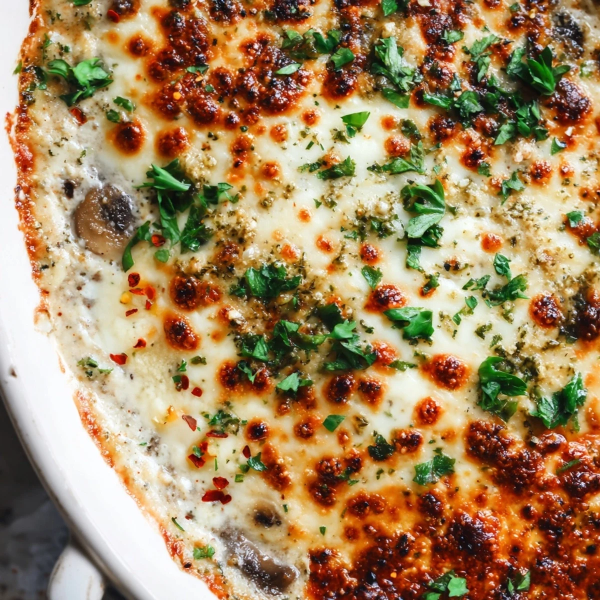 Creamy stuffed mushroom dip bubbling with golden melted cheese in a cast iron skillet