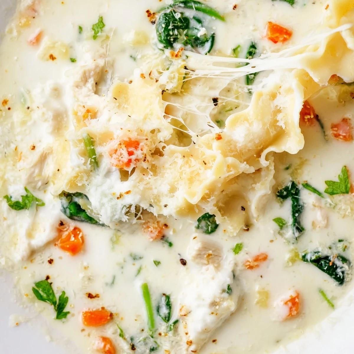 Creamy Italian white lasagna soup topped with melted mozzarella and fresh parsley
